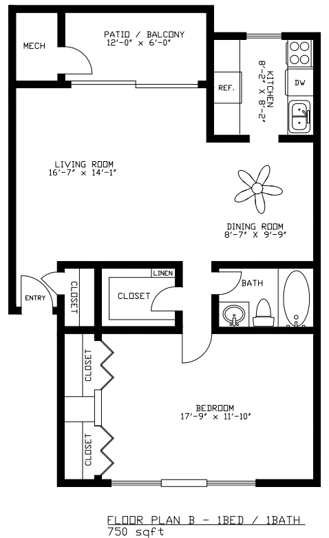 Floor plan for 1 bed, 1 bath, 750 sqft
